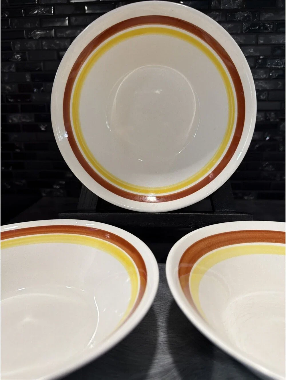 Vintage Stoneware Bowl Set 3 Brown Yellow Stripe Retro Diner Style Soup Cereal
